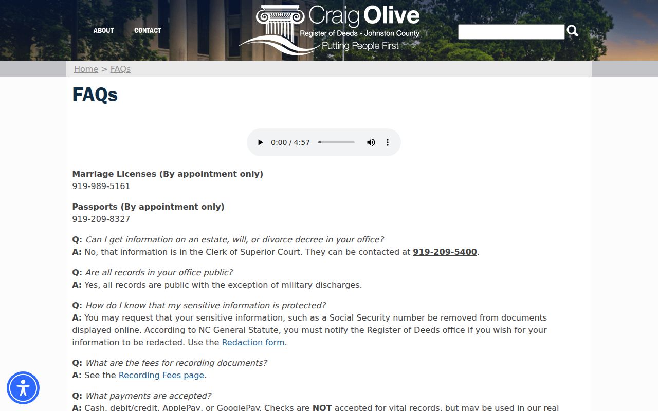 Clayton previous residents Johnston County Register of Deeds record custody guidance